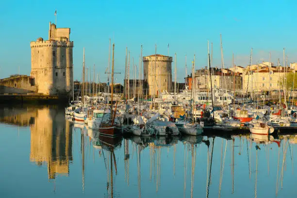 Panorama view of the harbour and city centre of La Rochelle, France in summer