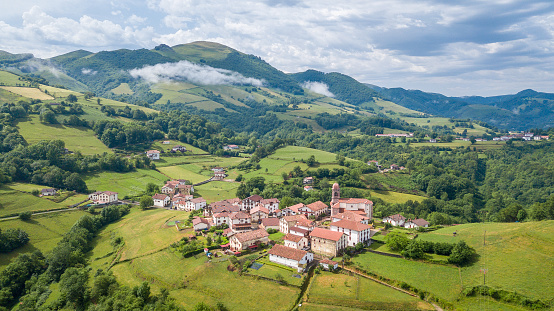 aerial view of ziga rural town in baztan valley, Spain