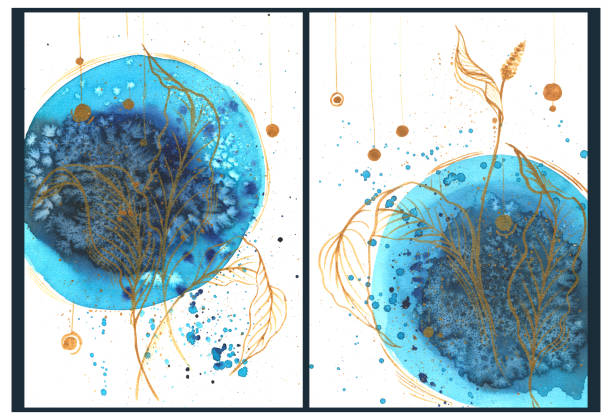 istock Watercolor abstraction, diptych, blue-turquoise spot with graphic leaves and a spathiphyllum flower, with splashes of paint. For the design and decoration of postcards, posters, backgrounds. 1402723668