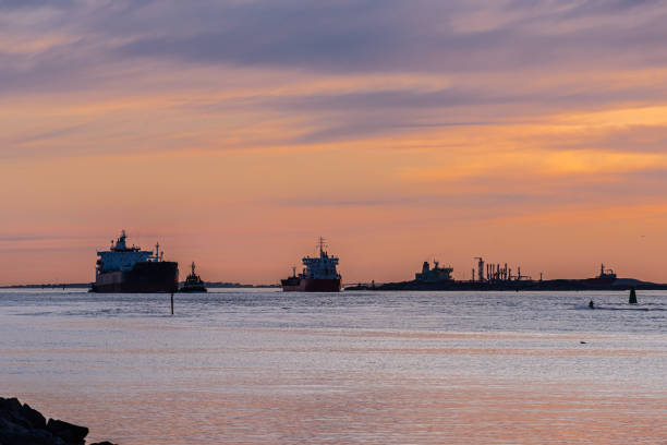 istock Silhouettes of freight ships at sunset. 1402726215