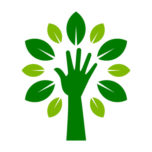 Green hand tree icon. Human arm with leaves. Green thumb idea. Organic gardening concept. Reforestation and sustainability. Plant sprout growth. Fingers branches. Vector illustration, flat, clip art. green fingers stock illustrations
