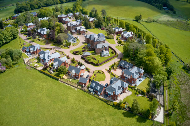 luxury countryside rural village aerial view from above in scotland - house rental house real estate real estate sign imagens e fotografias de stock