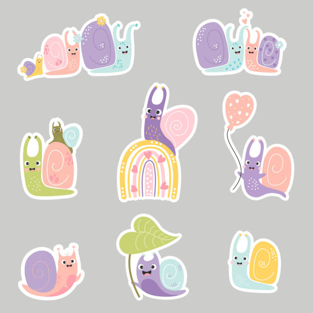 bildbanksillustrationer, clip art samt tecknat material och ikoner med set of stickers cute snails. decorative snail characters on rainbow, under leaf and with balloon, a family with baby and pair of insects in love. vector illustration. isolated elements for design - happy slowmotion