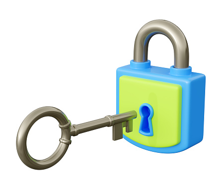 Closed padlock with key 3d render illustration. Metal key near hole in secured blue and green lock isolated on white background for private data safety and protection concept.