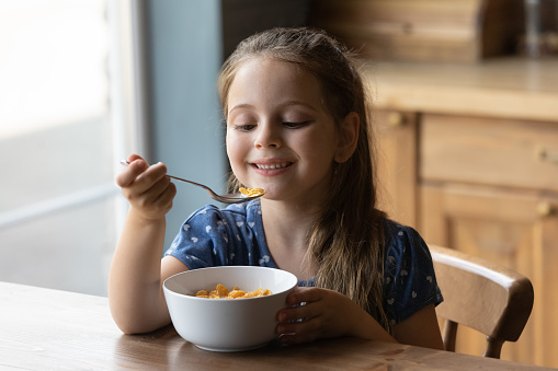 Happy small cute kid girl eating crunchy fast dry meal from bowl feeling hungry, tasting sweet corn flakes with milk on breakfast, sitting at kitchen table, balanced meal for children concept.