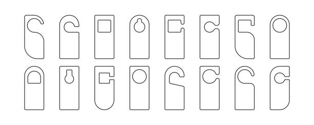 Door hanger vector, hotel sign template, hang tag, disturb mockup line icon, paper blank set. Warning illustration Door hanger vector, hotel sign template, hang tag, disturb mockup line icon, paper blank set isolated on white background. Warning illustration coathanger stock illustrations