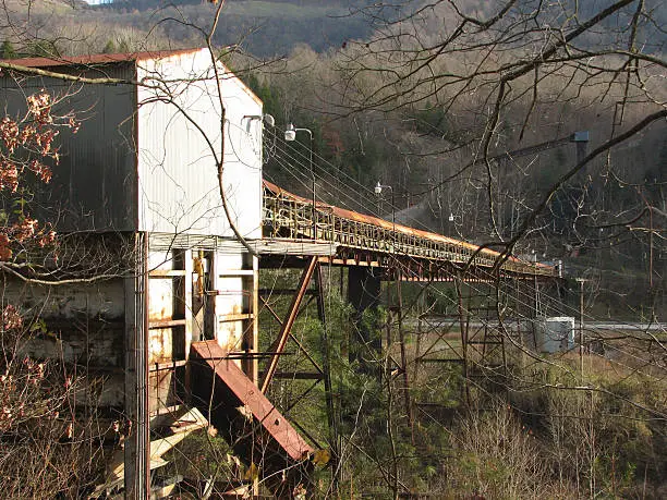 shot of an old Eastern Kentucky Coal tipple with mountains in the background.