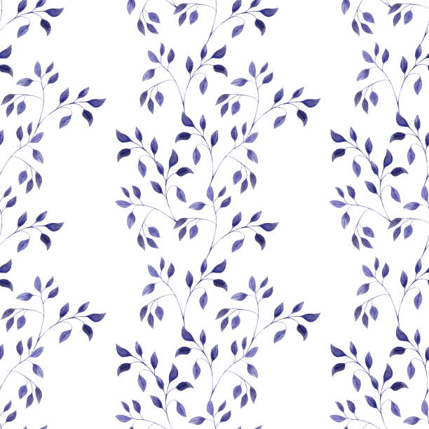 istock Watercolor seamless pattern with blue twigs of leaves, small leaves on a white background. 1402735629