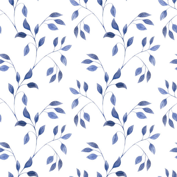 istock Watercolor seamless pattern with blue twigs of leaves, small leaves on a white background. 1402735630