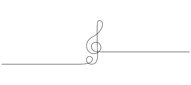 One continuous line drawing of treble clef. Minimalist logo and symbol of sound and music concert in simple linear style. Editable stroke. Doodle vector illustration.