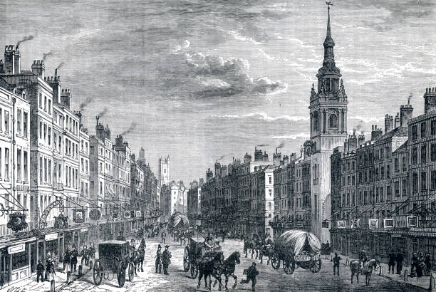 bow church and cheapside in 1750, london england - crowd store europe city street stock illustrations