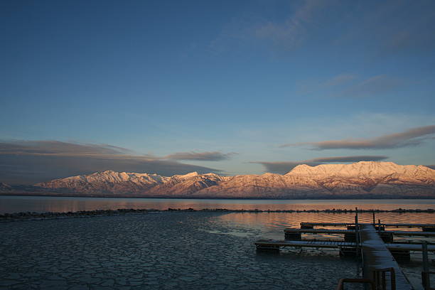 Frozen Utah Lake Utah lake partially frozen and Mt Timpanogos in Utah lake utah stock pictures, royalty-free photos & images