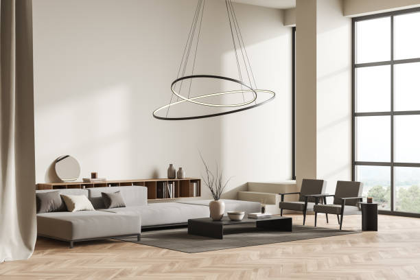 istock Corner view on bright living room interior with panoramic window 1402738403