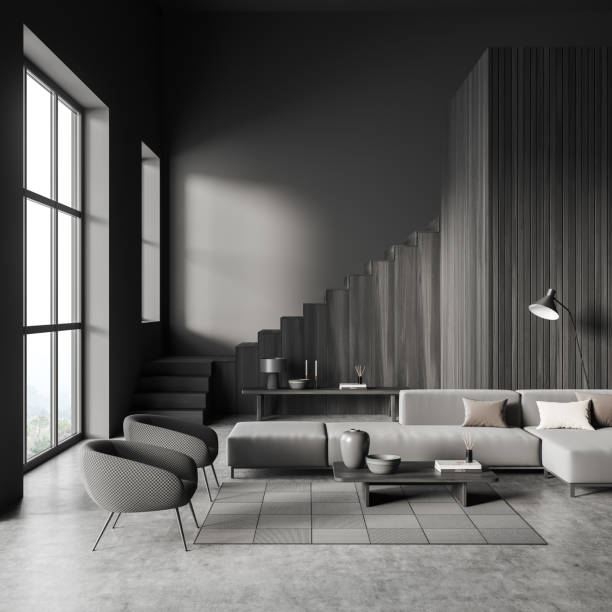 istock Chill room interior with couch and chairs, coffee table and panoramic window 1402738448