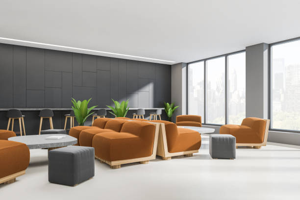 istock Grey cafe interior with chairs, couch and table, window on city view 1402738459