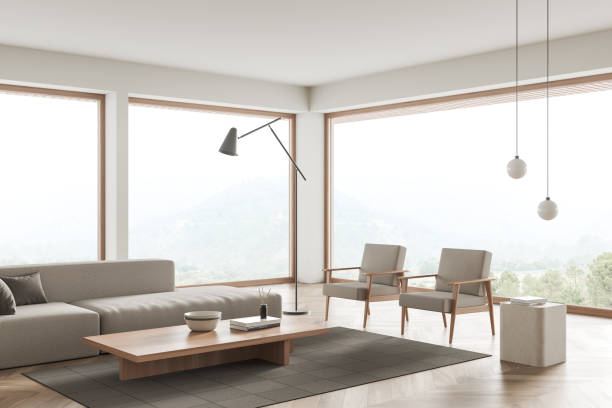 istock Light guest room interior with couch, chair and coffee table, panoramic window 1402739085