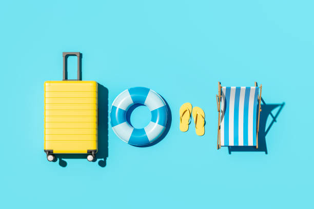 istock Beach accessories and suitcase. Travel and summer vacation, hotel resort 1402739607