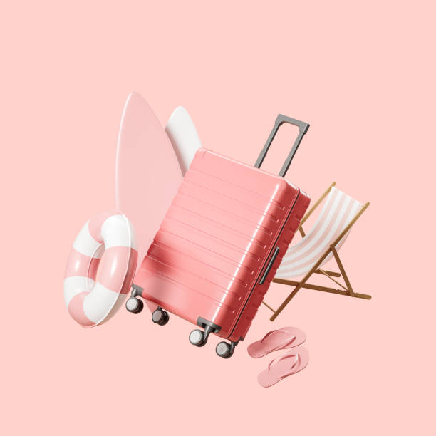 istock Beach accessories and suitcase. Chill and relax in hotel resort 1402739632