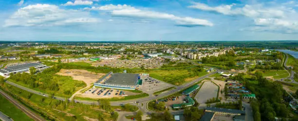 Beautiful aerial panoramic view shot of Daugavpils city and river Daugava on a beautiful summer day in Latgale, Latvia