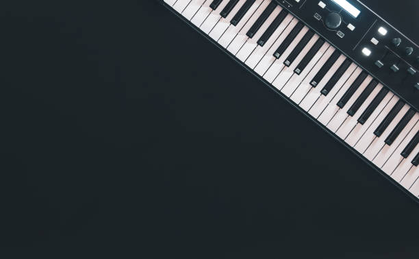 istock Piano keys, synthesizer on a black background, flat lay. 1402740840