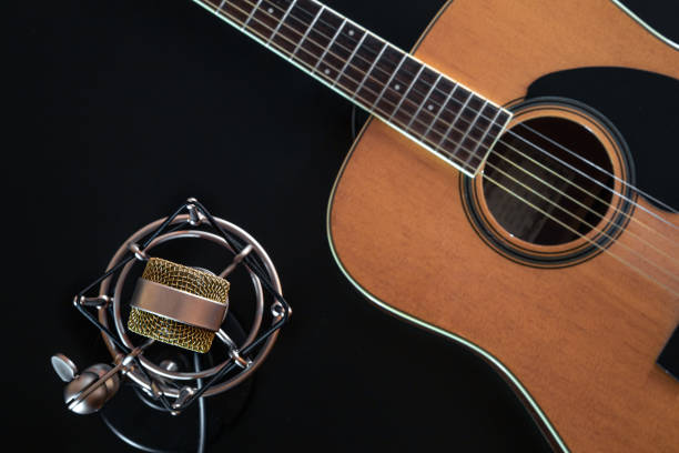 istock Flat lay, music background with acoustic guitar. 1402740845