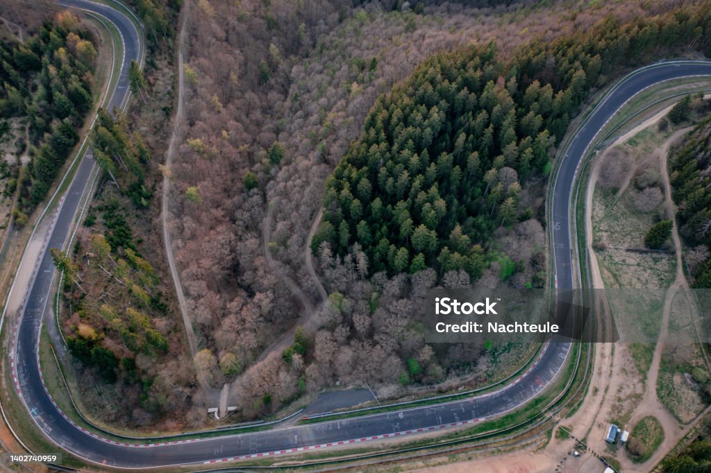 Autosport German race track curves Aerial view of the Nurburgring race track and the natural landscape of the Eifel Nürburgring Stock Photo