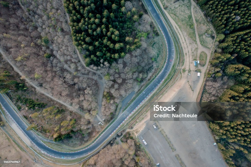 Autosport German race track curves Aerial view of the Nurburgring race track and the natural landscape of the Eifel Above Stock Photo