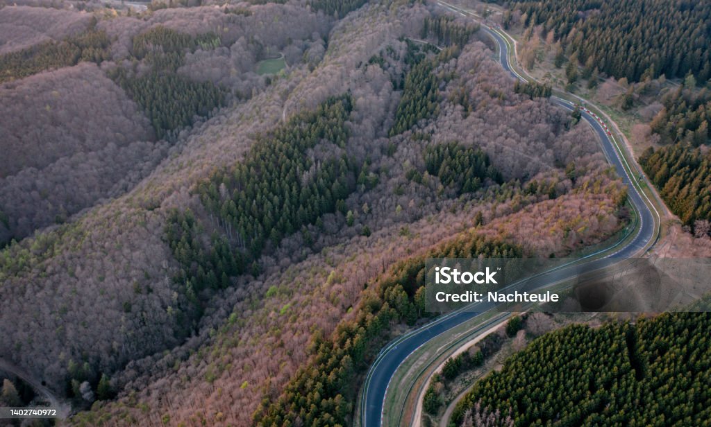 Autosport German race track curves Aerial view of the Nurburgring race track and the natural landscape of the Eifel Sports Track Stock Photo