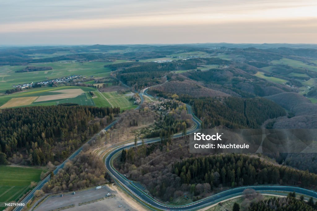 Autosport German race track curves Aerial view of the Nurburgring race track and the natural landscape of the Eifel Nürburgring Stock Photo