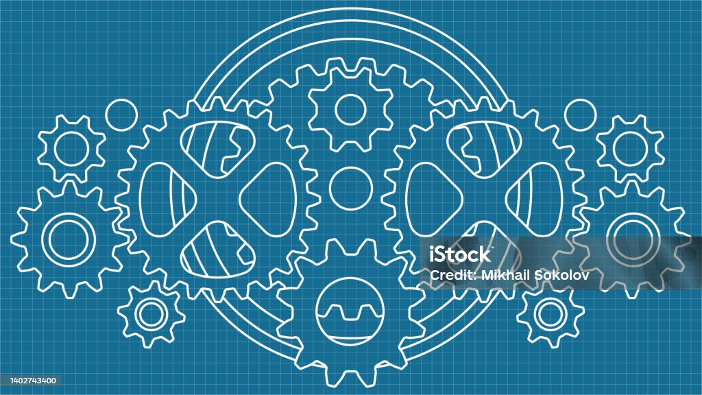 Blueprint pattern of various mechanical gears Gear - Mechanism stock vector