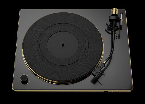 Sleek 3D Rendered Illustration of Black and Gold Modern Turntable over black background.