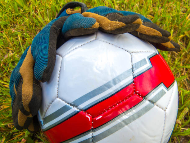 istock Soccer ball and goal keeper gloves inside the net 1402747456