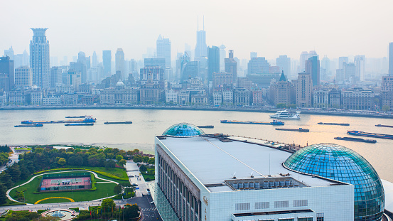 Shanghai, China - April 8, 2014: Panoramic view of Shanghai city with The Bund waterfront and Huangpu river
