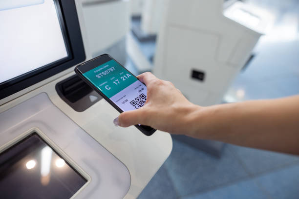 istock Woman using smart phone at auto checkin counter 1402749115