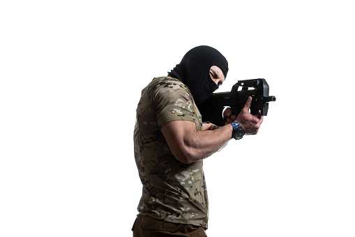 American Marine Corps Special Operations Modern Warfare Soldier With Mask Fire Arm Weapon Ready for Battle on White Background