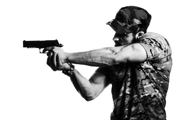 American Marine Corps Special Operations Modern Warfare Soldier With Fire Arm Weapon Ready for Battle on White Background