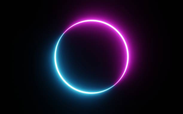 istock Round circle picture frame with two tone neon color shade motion graphic on isolated black background. Blue and pink light moving for overlay element. 3D illustration rendering. Empty space in middle 1402754577