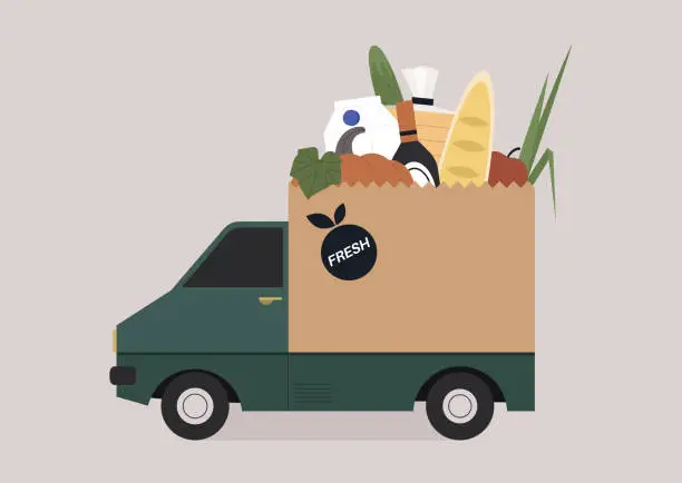 Vector illustration of A grocery delivery van with a cabin designed as a huge paper bag