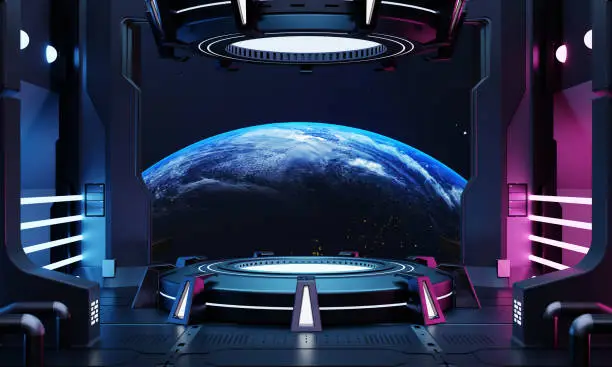Photo of Sci-fi product podium showcase in empty spaceship room with blue earth background. Cyberpunk blue and pink color neon space technology and entertainment object concept. 3D illustration rendering
