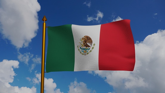 National flag of Mexico waving 3D Render flagpole and blue sky, United Mexican States flag textile by Agustin Iturbide, Francisco Eppens Helguera, coat of arms Mexico independence day. illustration