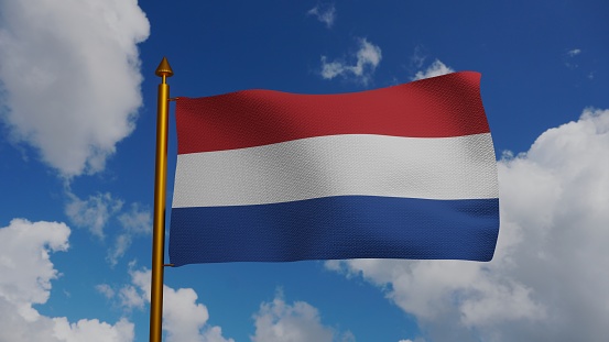 National Flag of the Netherlands waving 3D Render with flagpole and blue sky, Holland tricolour flag, de Nederlandse vlag, Kingdom of the Netherlands flag Dutch. High quality 3d illustration