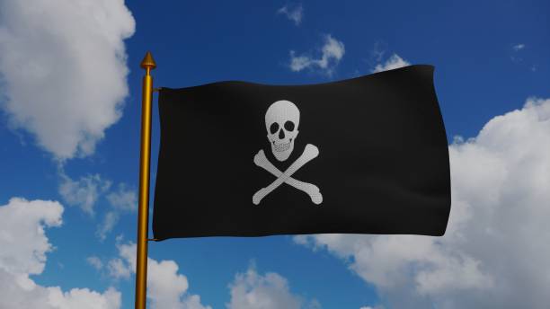 jolly roger o bandiera della nave pirata che sventola 3d render con pennone e cielo blu, bandiera della nave pirata nell'età d'oro della pirateria, teschio e ossa incrociate, pirati del mare dei caraibi e perla nera - perla nera foto e immagini stock