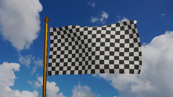 Racing flag waving 3D Render with flagpole and blue sky, open-wheel single-seater finish flag textile, auto race track or auto racing on open-wheel single-seater, FIA World Endurance Championship and WTCC. 3d illustration