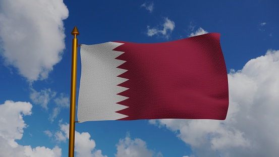National flag of Qatar waving 3D Render with flagpole and blue sky, State of Qatar flag textile, coat of arms Qatar independence day. High quality 3d illustration