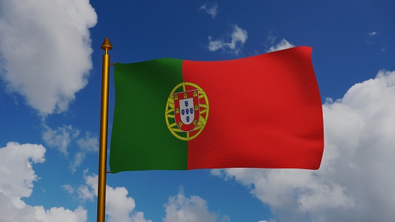 National flag of Portugal waving 3D Render with flagpole and blue sky, Republic of Portugal flag textile, coat of arms Portugal independence day, armillary sphere and Portuguese shield. illustration