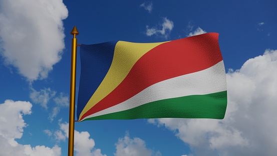 National flag of Seychelles waving 3D Render with flagpole and blue sky, made with Seychelles Peoples United Party and Seychelles Democratic Party, Republic of Seychelles flag. 3d illustration