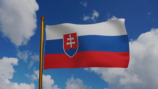 National flag of Slovakia waving 3D Render with flagpole and blue sky, Slovak Republic flag textile by Ladislav Cisarik and Ladislav Vrtel, coat of arms Slovakia, Slavic nations. 3d illustration