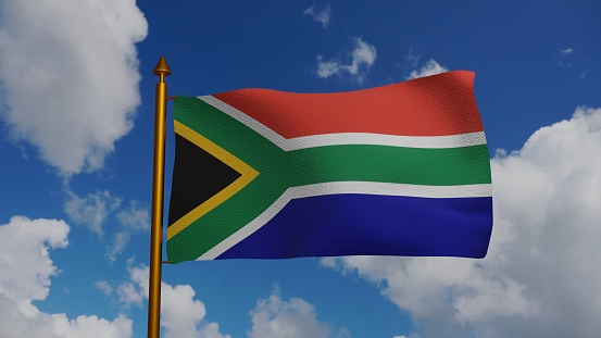 National flag of South Africa waving 3D Render flagpole and blue sky, Republic of South Africa flag textile Designed by Frederick Brownell, coat of arms South Africa independence day. 3d illustration