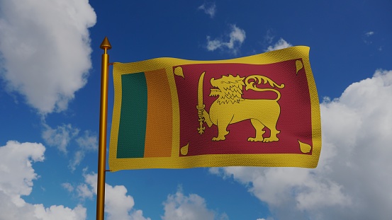 National flag of Sri Lanka waving Render with flagpole and blue sky, Democratic Socialist Republic of Sri Lanka flag textile, coat of arms Sri Lanka, Sinhala by Sinha Flag or Lion Flag. illustration