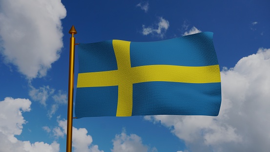 National flag of Sweden waving 3D Render with flagpole and blue sky, Sveriges flagga with yellow Nordic cross, Swedish flag. High quality 3d illustration